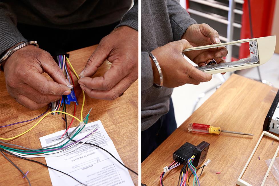Nick used Posi connectors for the wiring and inserted the JVC receiver's metal DIN sleeve into the Scosche dash kit.